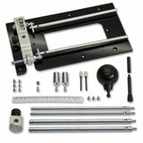 Router jig kit with metal guide rods, hardware, ruler, and accessories for woodworking projects