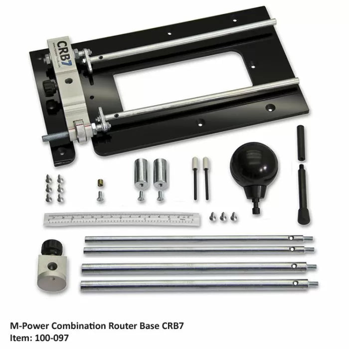 M-Power Combination Router Base CRB7 kit with metal base plate, rods, handle, and accessories.