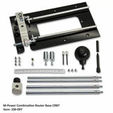 M-Power Combination Router Base CRB7 kit with metal base plate, rods, handle, and accessories.