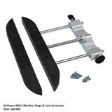 Mortise hinge and lock jig accessory with black clamps, metal rods, and screws for woodworking