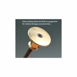 Close-up of brass wheel marking gauge with steel cutting wheel for woodworking precision.