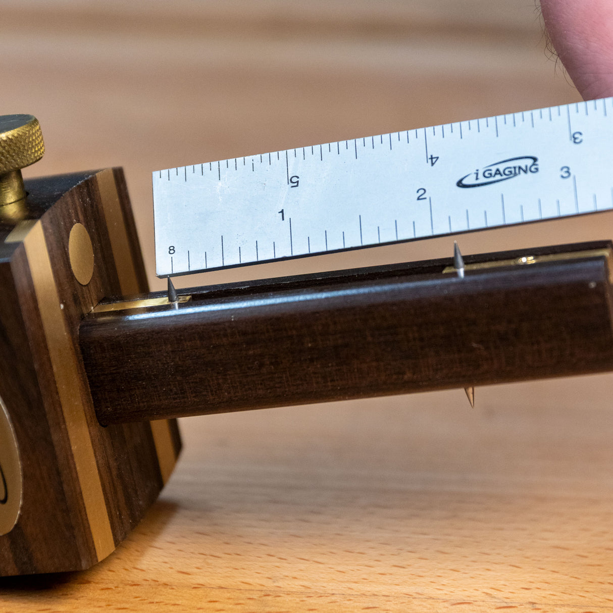 Ebony marking gauge for woodworking with a brass adjustment knob and ruler on wood surface