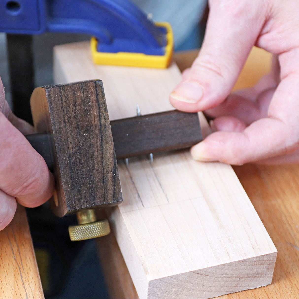 Woodworker using marking gauge to scribe lines on light wooden board for precise joinery