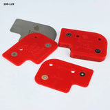 Set of red magnetic shims and one metal shim for woodworking tool setup