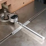 Digital dial indicator setup on a router table for woodworking tool alignment and calibration