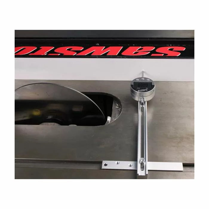 Table saw blade alignment tool with digital gauge on metal work surface