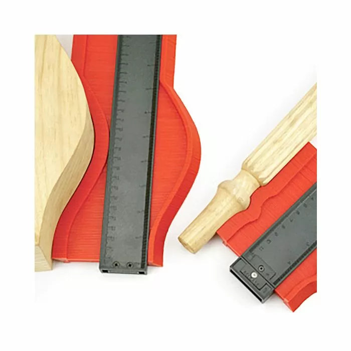 Contour gauge duplicators with red pins measuring wood molding shapes for woodworking