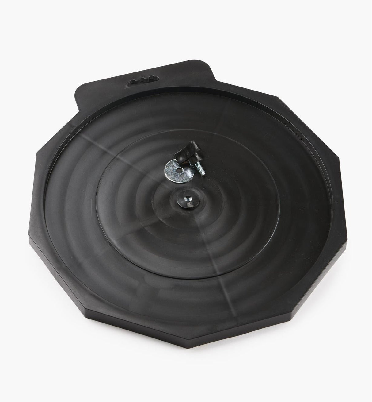 Black plastic turntable work support with center metal fastener for woodworking