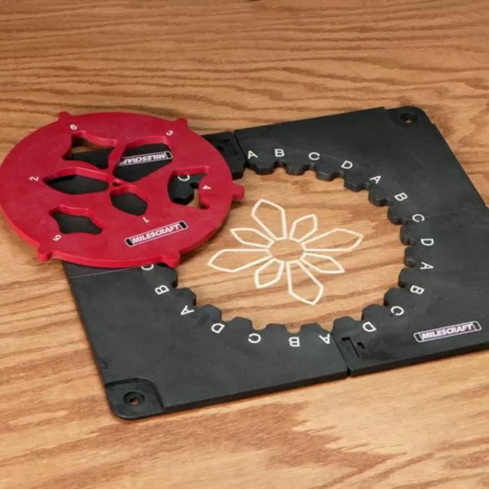 Woodworking inlay template kit on a wooden surface with a floral pattern design