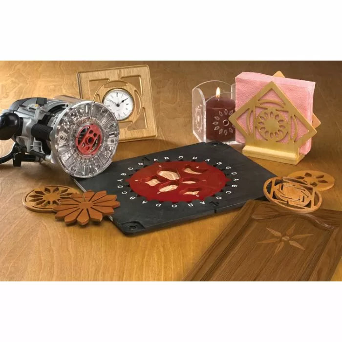 Wood router with template, decorative wood inlays, and finished woodworking projects on table