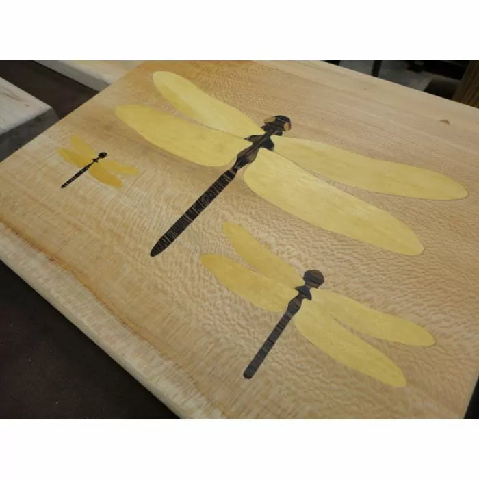 Wood inlay panel featuring three yellow dragonflies, ideal for woodworking projects