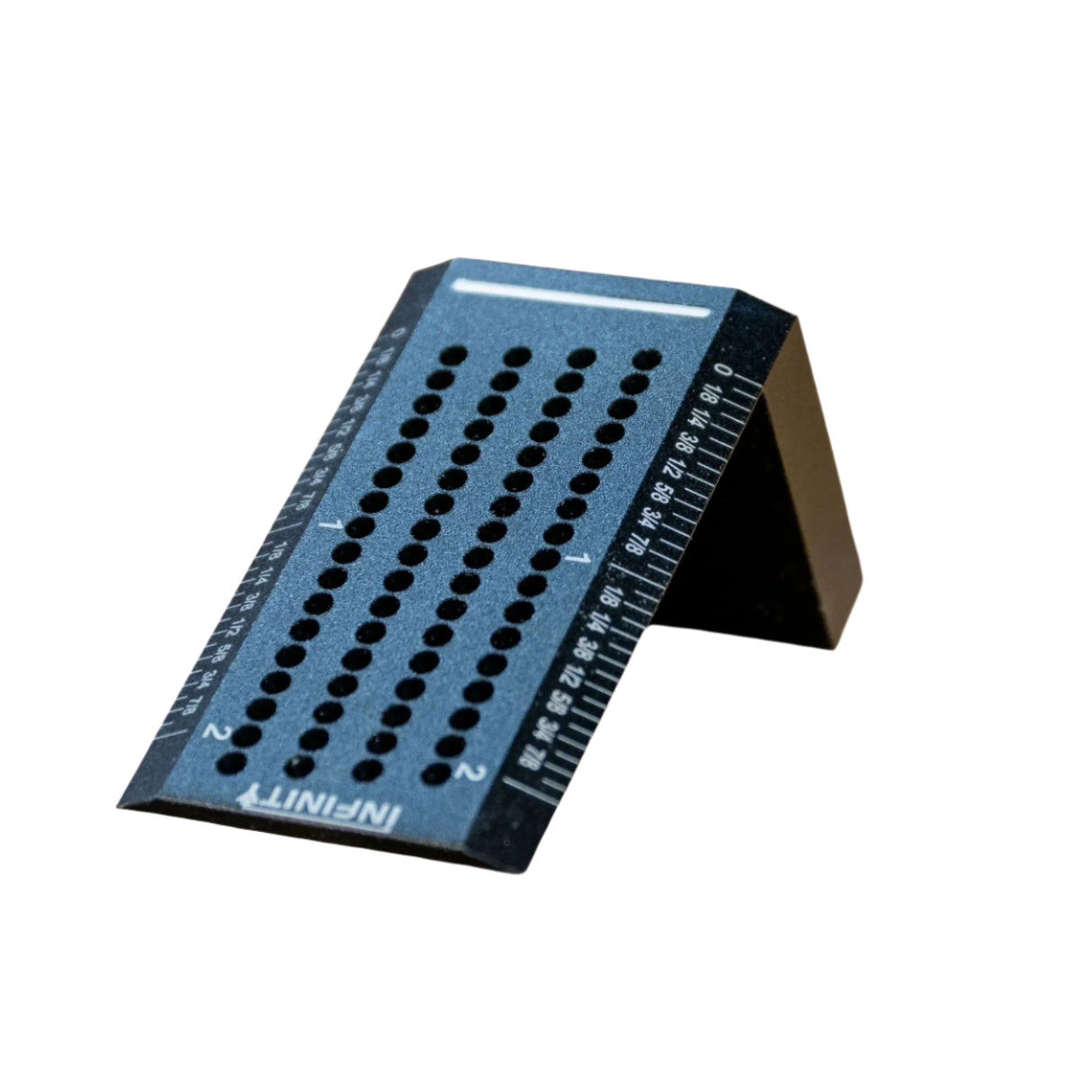 Aluminum saddle square with measurement holes and laser-etched markings for woodworking layout.