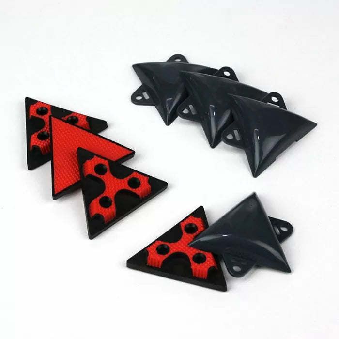 Triangle woodworking bench dogs and workholding pads in black and red on white background