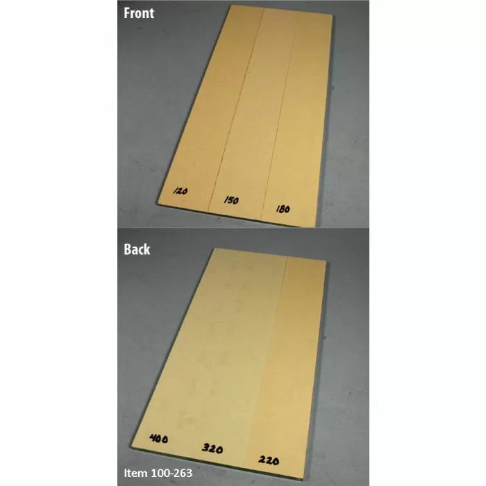 Double-sided woodworking abrasive sanding block with labeled grit sizes 120, 150, 180, 220, 320, 400.