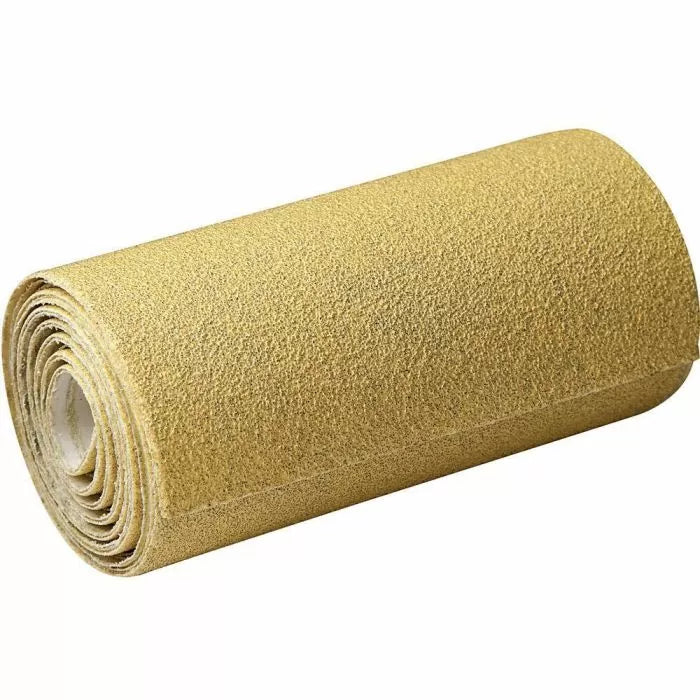 Roll of abrasive sandpaper for woodworking, unrolled on a white background