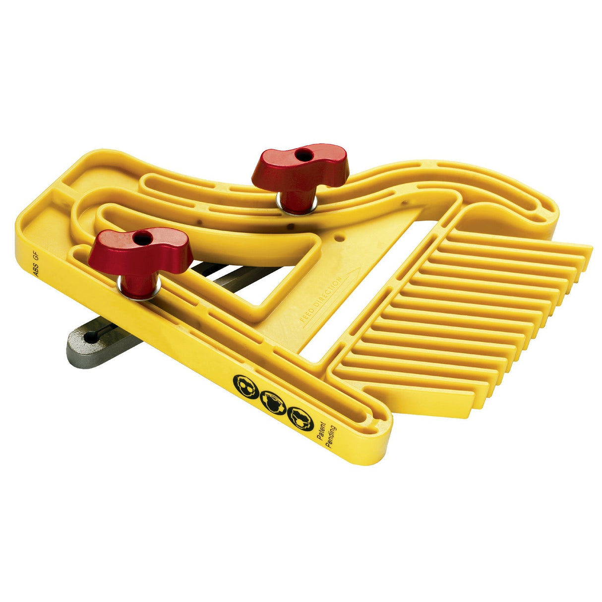 Yellow featherboard woodworking tool with red adjustment knobs for table saw or router table