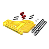 Yellow woodworking featherboard kit with knobs, bolts, and metal miter bars on white background