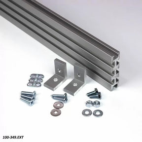 Aluminum T-track kit with mounting brackets, screws, washers, and nuts for woodworking