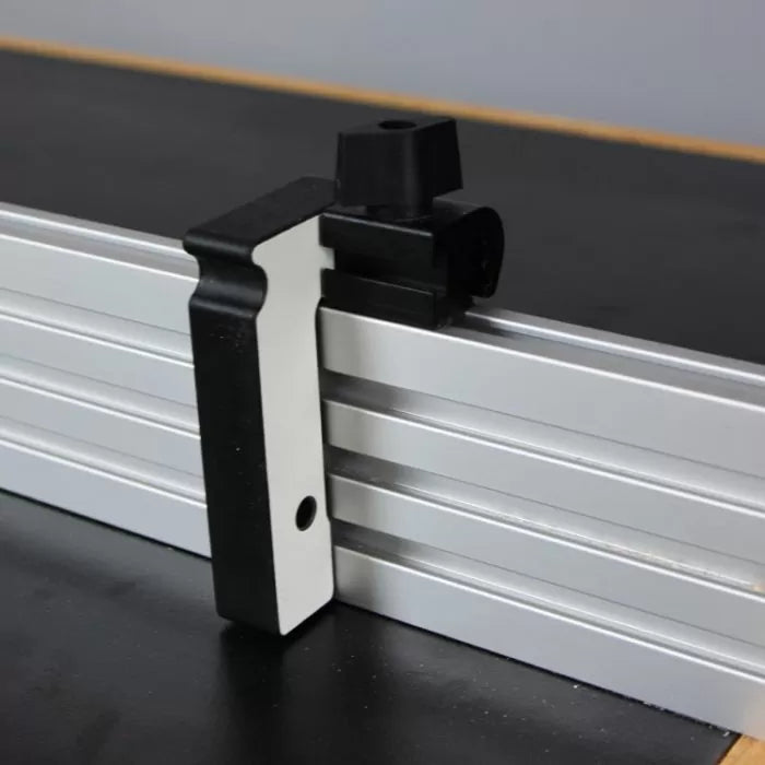 Aluminum fence stop block for woodworking, clamped on T-track extrusion