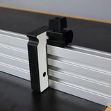 Aluminum fence stop block for woodworking, clamped on T-track extrusion