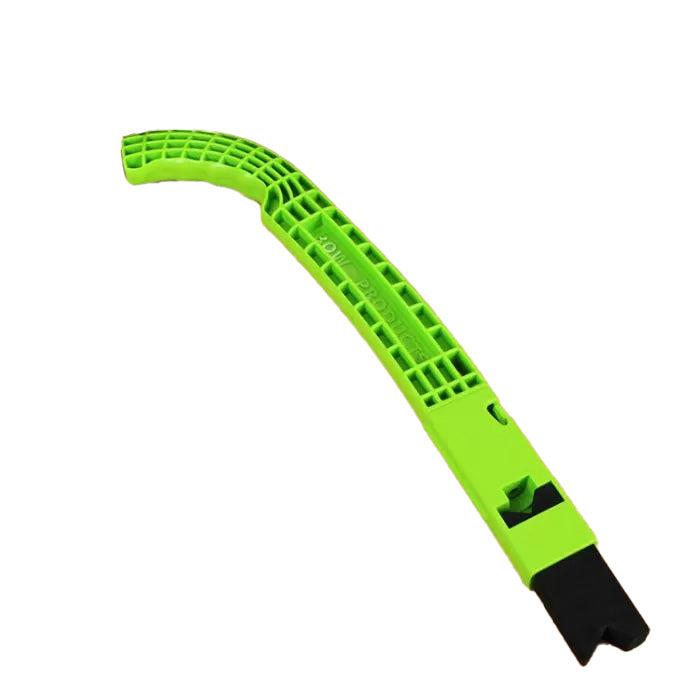 Green plastic push stick for woodworking safety, angled handle, black tip, isolated on white