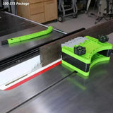 Table saw safety jig with push block guiding wood for precise woodworking cuts