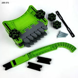 Green woodworking featherboard set with knobs, screws, and push stick for table saw safety.
