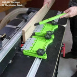 Green featherboards securing wood on a router table for precise woodworking.