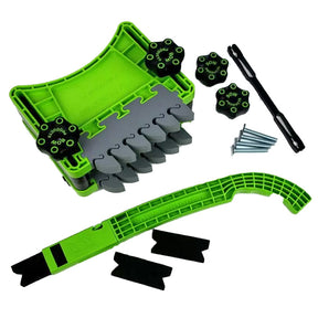 Green woodworking featherboard set with knobs, screws, and accessories for table saws.