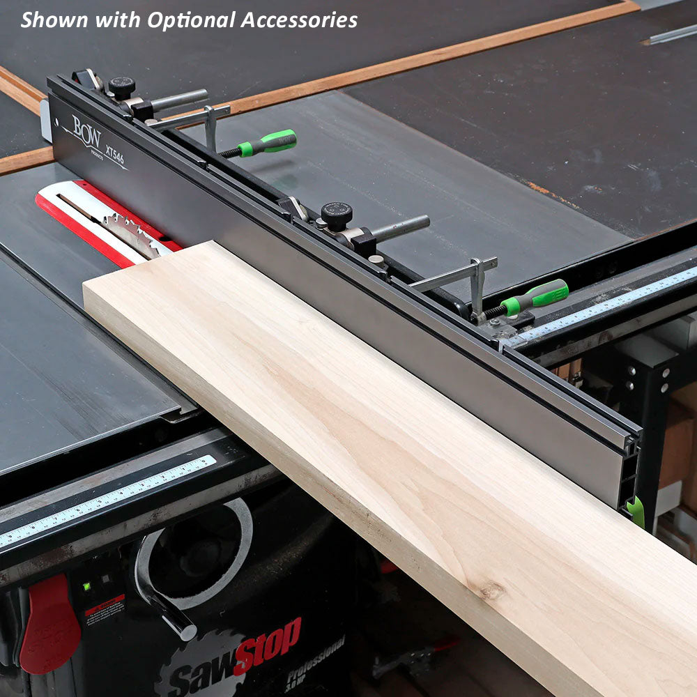 Table saw with wood board, precision fence, and woodworking accessories in workshop setting