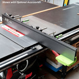 Table saw with precision fence system, push block, and auxiliary accessories for woodworking
