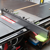 Table saw equipped with BOW XT546 fence system and saw blade in workshop setting