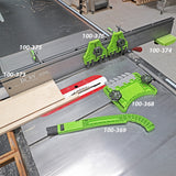 Green woodworking table saw accessories and push sticks on a saw with labeled parts.