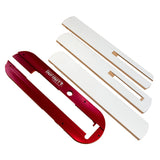 Saw Stop zero clearance insert kit with red metal frame and three white inserts on white background