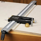 Precision router dado jig with measuring scale on a woodworking table