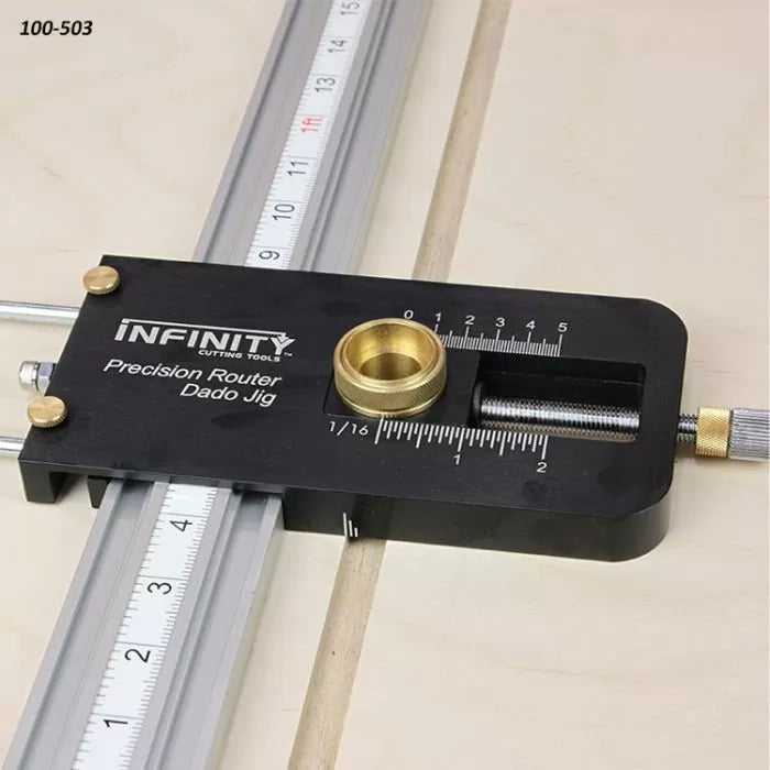 Precision router dado jig on a measuring track for woodworking projects