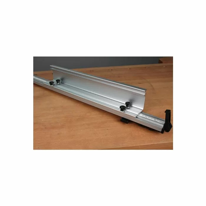 Aluminum router table fence with adjustment knobs on a wooden workbench