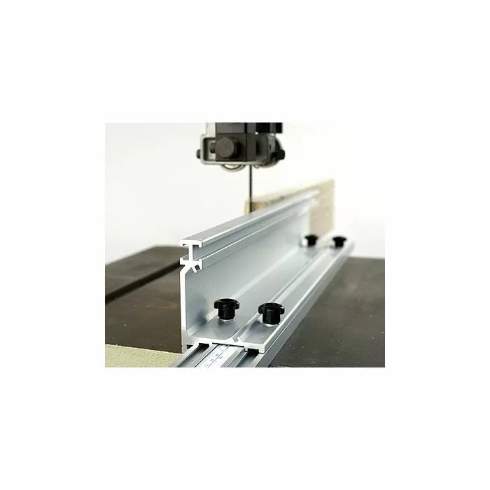 Aluminum bandsaw fence guide with adjustment knobs on a woodworking table saw