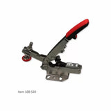 Adjustable toggle clamp with red handle and mounting base for woodworking jigs