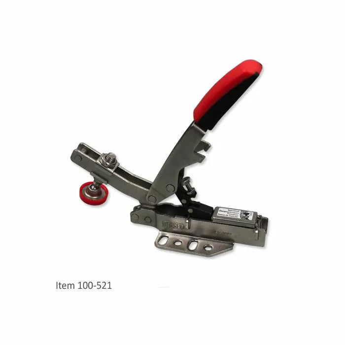 Metal toggle clamp with red handle for woodworking and jig setups, item 100-521