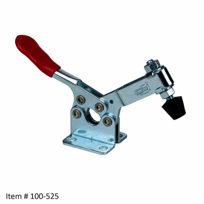 Horizontal toggle clamp with red handle for woodworking jigs and fixtures