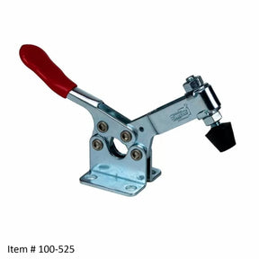 Horizontal toggle clamp with red handle for woodworking jigs and fixtures