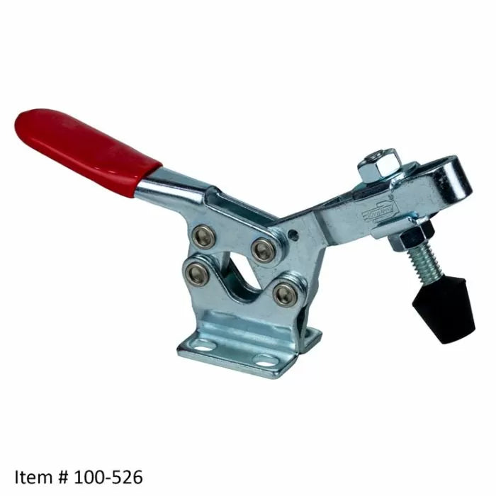 Horizontal toggle clamp with red handle and metal base for woodworking jigs