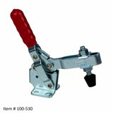 Metal toggle clamp with red grip handle and adjustable rubber tip for woodworking jigs