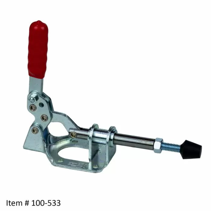 Horizontal toggle clamp with red handle and metal base, woodworking hold-down tool