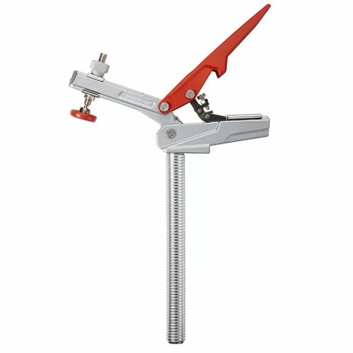 Toggle woodworking clamp with metal body and red handle for secure material holding