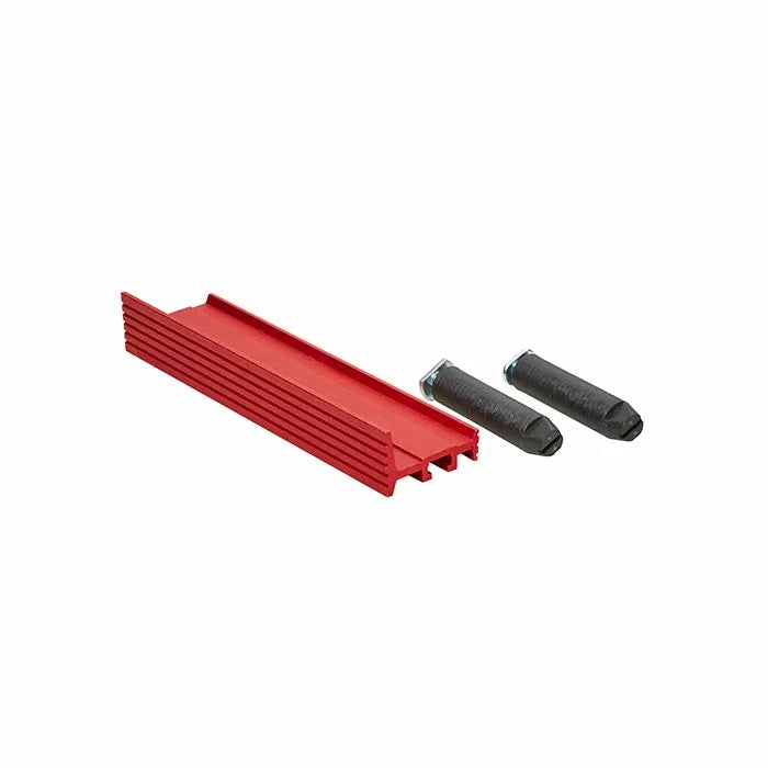Red router table miter slot track with two black mounting bolts for woodworking jigs