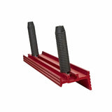 Red woodworking router table featherboard with two black adjustment knobs