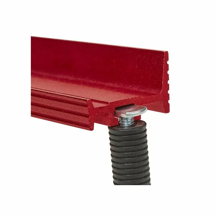 Red aluminum T-track with T-bolt and knob for woodworking jigs and router tables