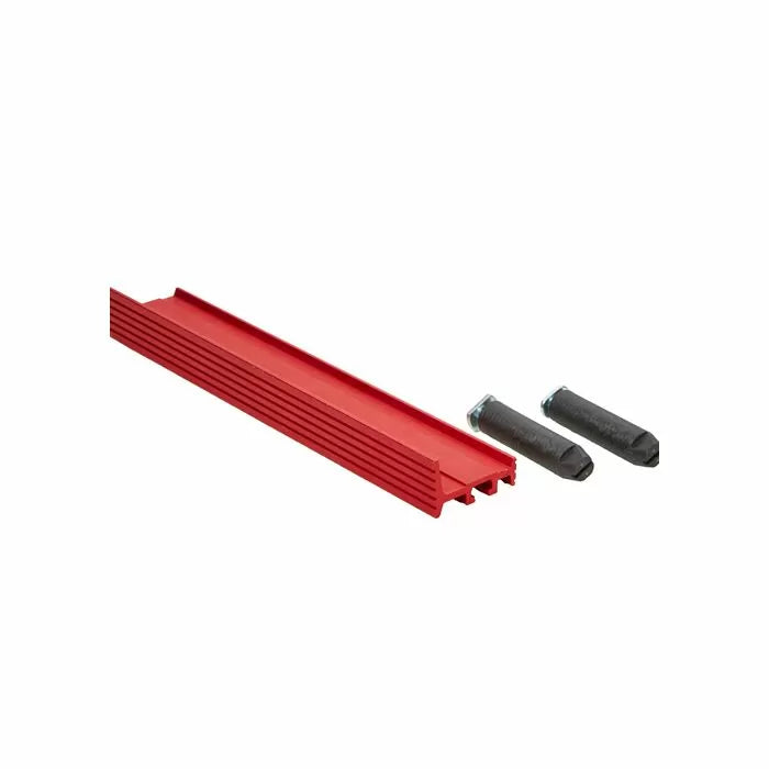 Red aluminum router table miter track with two hex bolts for woodworking jigs